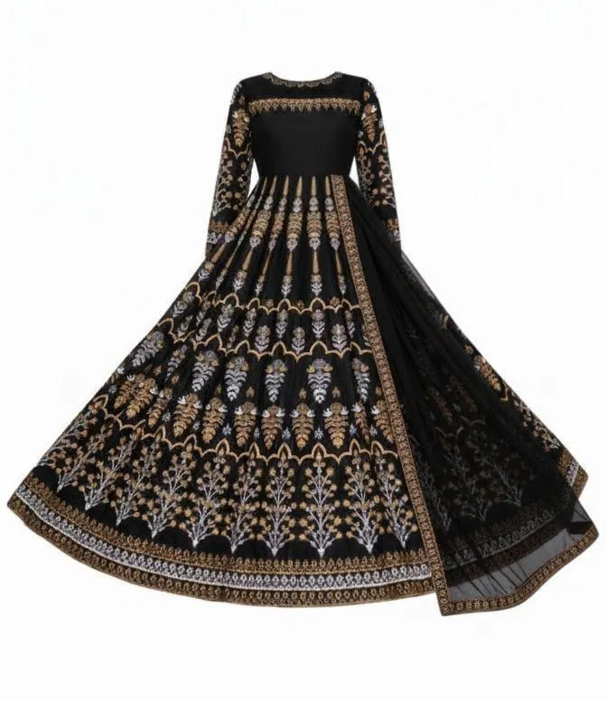 Green Embroidered Chiffon Maxi Set with Pearls & Dupatta