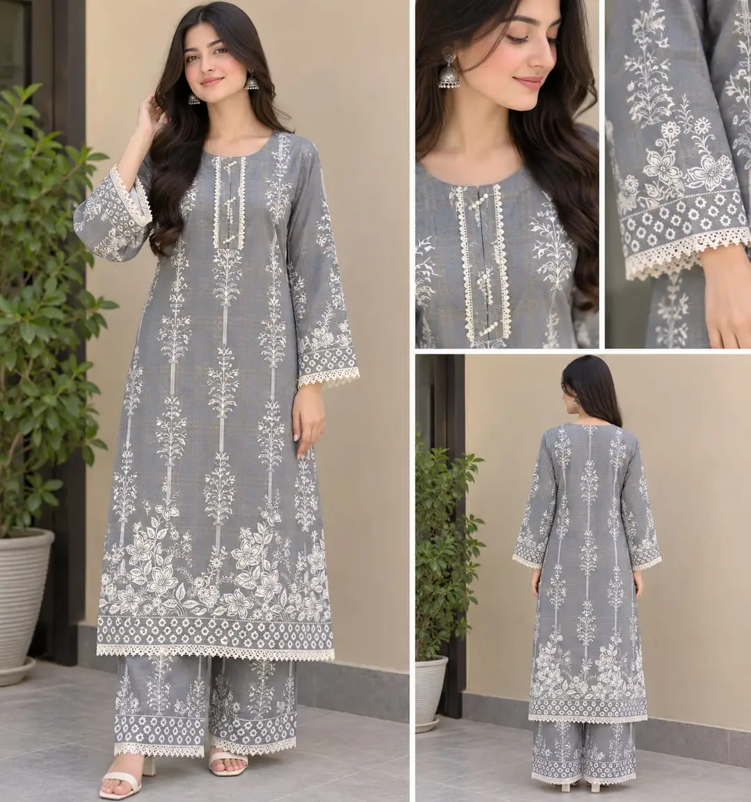 2 Pcs Women's Stitched Linen Block Printed Shirt And Trouser