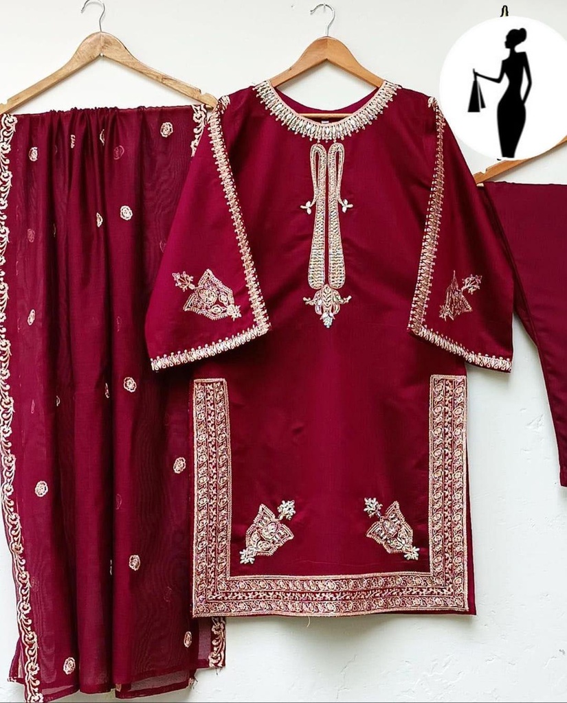 Maroon 3-Piece Embroidered Shamoz Silk Suit for Women